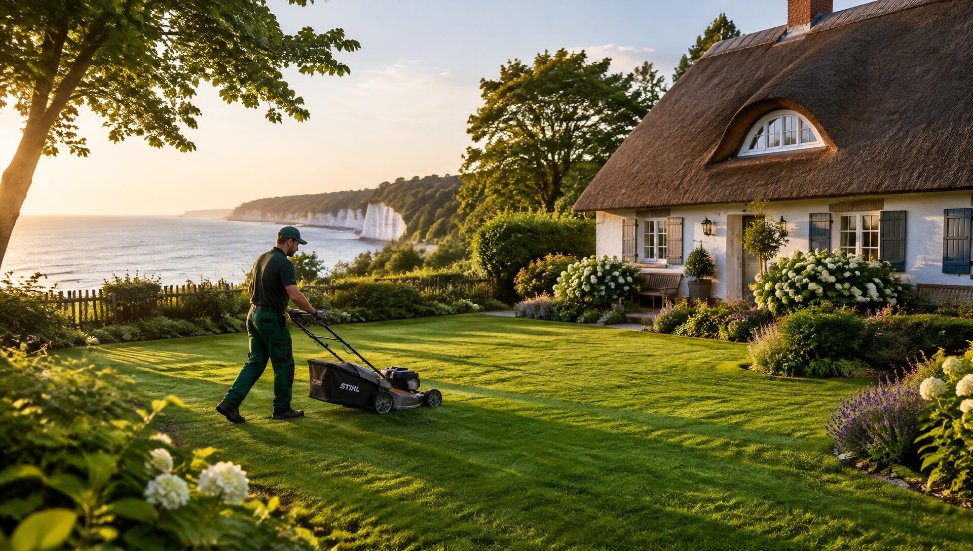 Gärtner mäht den Rasen eines Reetdachhauses an der Rügener Küste